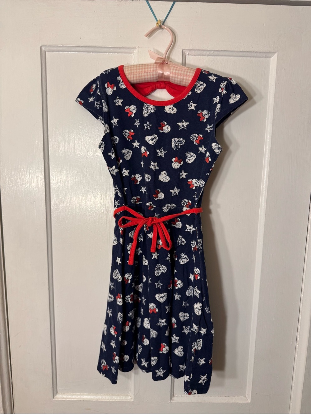 Girls Disney Minnie Mouse Navy Red Trim Heart & Star Print Dress, size 7